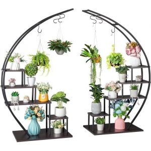 2 Pcs Porte Plante Intérieur en Fer Forgé Étagère Plantes Support Pot de Fleurs en Métal pour Balcon Salon 70x40x142 cm