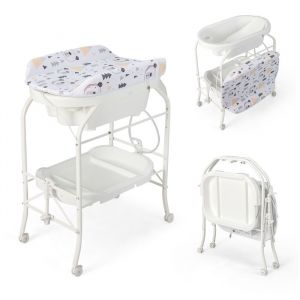COSTWAY Table à Langer Bébé-Baignoire 20L 4 en 1 Pliante 4 RouesTuyau 1mPlateau de Rangement Coussin PVC Imperméable 35Kg Blanc