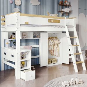 Lit Mezzanine 1 Place avec Bureau pour Enfant Rangement et Barri&egrave;re S&eacute;curit&eacute;Armoire&Eacute;tag&egrave;res OuvertesPinBlanc et Naturel90x200