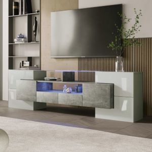 Meuble TV - LANGTU - 200 cm - Blanc et gris laqu&eacute; - &Eacute;clairage LED multicolore - Plateau en verre