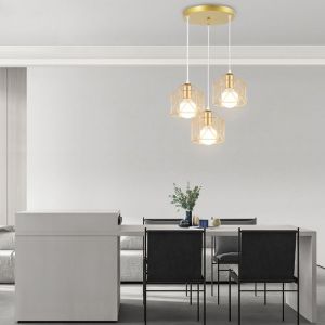 SNOGOLD 3 Lampes Suspension Luminaire Industriel Vintage en M&eacute;tal Hexagone Cage Dor&eacute; Luminaire E27 pour Salle &agrave; Manger Salon