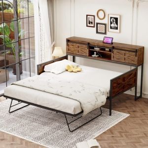 Canapé lit gigogne 90x200 lit 2 places convertible Lit coffre avec compartiments de rangement et prises Lit en fer Tan+Noir