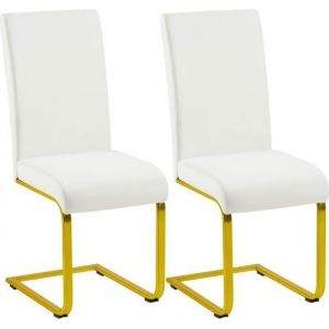 Lot de 2 Chaises de Salle à Manger Blanches - Modernes - en Simili Cuir et Pieds en Métal Doré -Bureau Salon Chambre - Yaheetech