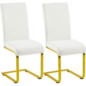 Lot de 2 Chaises de Salle à Manger Blanches - Modernes - en Simili Cuir et Pieds en Métal Doré -Bureau, Salon, Chambre - Yaheetech