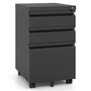 COSTWAY Caisson Bureau &agrave; roulettes avec Frein 3 Tiroirs M&eacute;tal Dossier Suspendu A4 pour Fichier Imprimante Noir