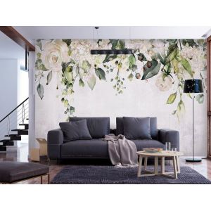 Papier peint intiss&eacute; Fleurs 350x256 cm D&eacute;coration Murale XXL Poster Tableaux Muraux Feuilles Feuillage Rose Nature comme peint