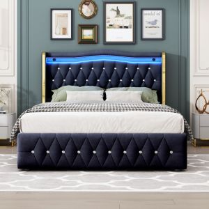 Lit rembourr&eacute; 140*200cm Pieds larges avec bandes claires pour un soutien stable Avec &eacute;clairage LED changeant de couleur Avec hy