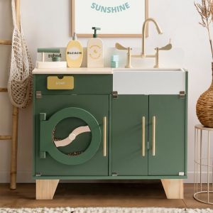 Les enfants jouent ensemble de cuisine - ROBOTIME ROBUD Lave-linge multifonction vintage en bois
