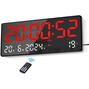 Horloge murale num&eacute;rique LED 155 rouge t&eacute;l&eacute;commande temp&eacute;rature date alarmes luminosit&eacute; r&eacute;glable pour salon/chambre/bureau