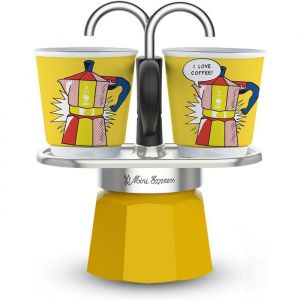 Set cafeti&egrave;re italienne + 2 tasses - BIALETTI - Mini-express LICHTENSTEIN - 100 ml - Inox / Jaune