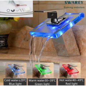 Robinet Mitigeur Salle de Bain LED Style Moderne Lumières Bassin évier Contrôle  la Température RGB de Couleur Cascade Verre