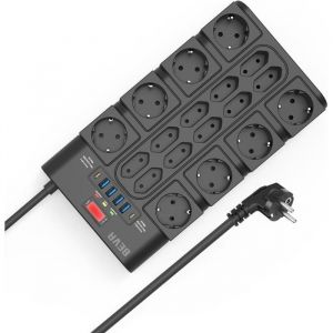 18 Prises Multiprise Avec Interrupteur (3680W/16A) + 2100J Multiprises Parafoudre Et Surtension + C&acirc;ble 2M Prise Multiple 4 Usb-A