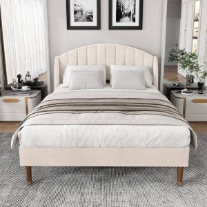 Lit 140 x 190 avec Sommier Lit Cadre Double en Velours avec Tête de Lit à Lattes en Bois Massif 140x190 Bed Capitonné Beige