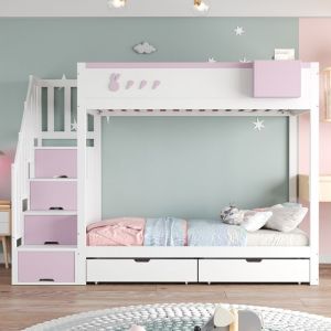 Lit superpos&eacute; pour enfants 90 x 200 cm avec &eacute;tag&egrave;re de rangement &eacute;chelle de rangement barri&egrave;re de s&eacute;curit&eacute; tiroirs lit double