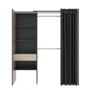 Armoire dressing en bois mélaminé avec étagères penderies 1 tiroir et 1 rideau coloris chêne naturel graphite