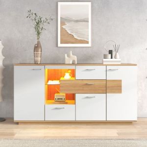 Buffet - Panneaux de particules - 2 portes etag&egrave;re 4 tiroirs et &eacute;clairage LED - 160x40x77cm - Buffet bas salon moderne - Blanc