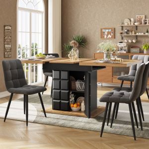 Table &agrave; Manger Extensible - Pliable Gain de Place pour 4-6 Personnes &Eacute;tag&egrave;res et Casier &agrave; Bouteilles - 110-140x80x75 cm - Noir