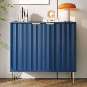 Buffet -LUMINARIX- 4 portes 2 &eacute;tag&egrave;re Armoire de rangement Pieds/Poign&eacute;es M&eacute;tal Bahut armoire lat&eacute;rale 80x40x78 cm Bleu fonc&eacute;