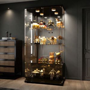 Vitrine en Verre miroir avec LED Vitrine Armoire pour Collection avec 2 portes et 4 &eacute;tages Verre Tremp&eacute; 164x805x365 cm Noir