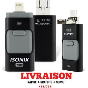 ISONIX Cl&eacute; USB 64 go 3 en 1 Compatible IOS/Android Pour Apple Iphone X/8/7/6/5 Samsung/Ipad/Macbook/Windows/PC/Tablet OTG Noir