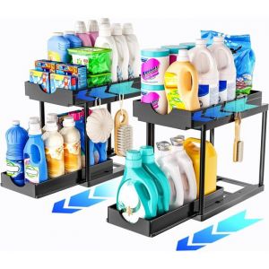 Ensemble de deux meubles de rangement sous &eacute;vier double tiroir coulissant rangement et organisation de cuisine noir.