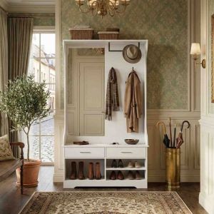 Ensemble Meuble dEntr&eacute;e - 104 x 35 x 180 cm - avec Banc Miroir 2 Tiroirs 8 Niches &agrave; Chaussures Penderie et Pat&egrave;res