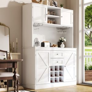 Buffet haut salle a manger -Meuble vaisselier cuisine avec &eacute;clairage LED -Armoire blanc avec 4 portes et 2 tiroirs-120 x 40 x 188 cm