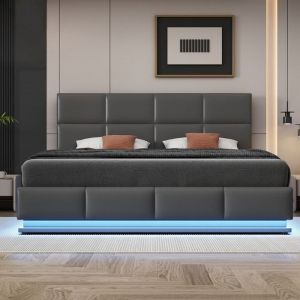 Lit adulte moderne 180x200 cm avec &eacute;clairage LED et rangement cach&eacute; lit jeunesse en cuir synth&eacute;tique &agrave; double lit gris