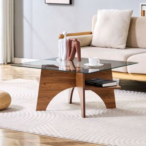 Table basse carr&eacute;e 80x80x40 cm verre tremp&eacute; transparent pi&egrave;tement MDF effet noyer table de salon/chambre marron