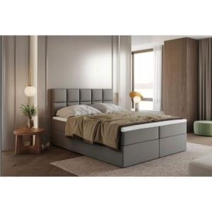 Lit adulte 140x200 cm BALI - avec matelas ressorts intégrés rangement et surmatelas - tissu velours – gris