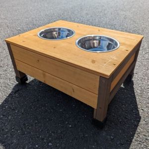 Double gamelle en inox avec support bois pour niche extérieur Bois