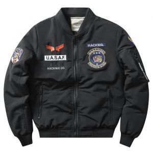 Bomber Homme Blouson Aviateur Militaire Epais Automne Hiver Veste Baseball Chaude Broderie Col Montant Confortable - Noir