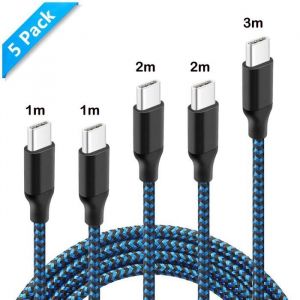 Cable USB Type C [5-Pack 1/1/2/2/3m] Nylon Charge Rapide Chargeur pour Samsung S9/S9plus/S8/A7 A5 A3 2017Huawei P30-bleu