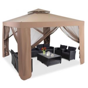COSTWAY Tonnelle Barnum Jardin 3x3M-4 Parois Amovibles-Moustiquaire Autoportante-Polyester Anti Soleil-Toit à Double Aération-Brun
