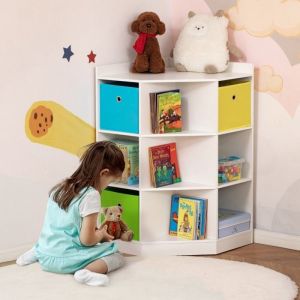 &Eacute;tag&egrave;re DAngle Enfant Blanche Avec 3 Bo&icirc;tes De Rangement - Biblioth&egrave;que Pour Jouets Chambre DEnfant 3-12 Ans (57.4x57.4x94 Cm)