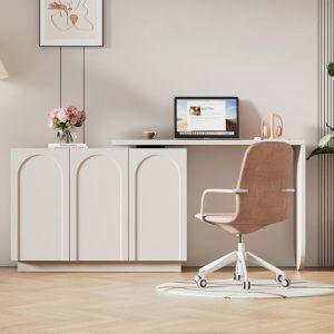 Table dordinateur blanche en forme de L avec un plateau pivotant bureau ou coiffeuse 110 cm.