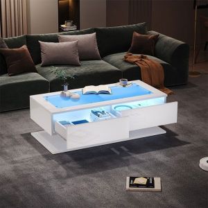 Table basse 100 x 50 x 35 cm laqu&eacute;e blanche 2 tiroirs plateau en verre tremp&eacute; et &eacute;clairage LED table de salon