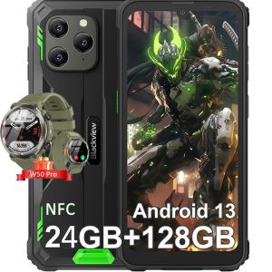 Téléphone Portable Incassable Blackview BV5300 Plus 61 24Go+128Go NFC Vert avec Smartwatch Blackview W50 Pro