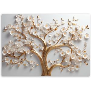 Tableau Décoration Murale 3D Fleur - 90x60 cm - Motif floral - Peinture sur toile - arbre doré à fleurs blanches 4 - Feeby