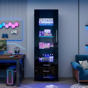 Vitrine Noire BrillanteVitrine en Verre Vitrine Lumières LED Meuble de Rangement avec 3 tiroirs meuble de salon60x35x180cmNoir