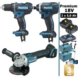 Pack de machines outil - Makita - Premium 18V 5Ah: Perceuse 62Nm DDF482 + Meuleuse 125mm DGA504 + Visseuse à chocs 165Nm DTD152 + 2