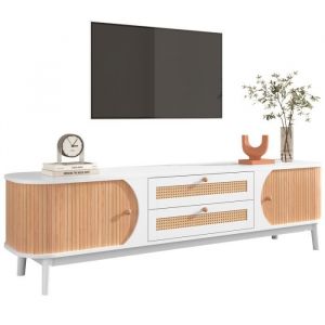 MODERNLUXE Meuble TV 170x40x46cm garniture en bois massif et rotin deux tiroirs deux portes style Scandinave blanc