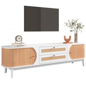 MODERNLUXE Meuble TV, 170x40x46cm, garniture en bois massif et rotin, deux tiroirs, deux portes, style Scandinave, blanc