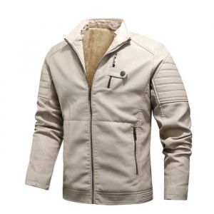 Blouson Homme Simili Cuir Doubl&eacute; Polaire Automne Hiver Casual Veste Chaude Epaisse Couleur Unie - Beige