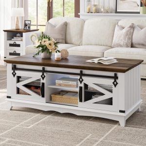 Table basse contemporaine -LUNSY - Bois et blanc - Coffre de rangement et étagère sous-plateau