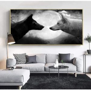 Loup noir et blanc et Lune Affiche Moderne Toile Tableau Art Peintures Decoration Murale pour Salon Chambre Sans Cadre 70X105CM