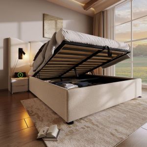 Lit Adulte Coffre 160×200cm - Lit Complet  - OKWISH - Lampe de Lecture - Charge USB - Sommier Et Matelas Inclus - Lin Beige