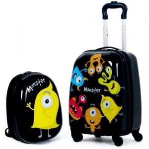 GIANTEX Valise Enfant T&eacute;lescopique avec Sac &agrave; Dos &agrave; Roulettes 16 Pouces Set de Bagages pour Toutes Sortes de Voyages en Noir