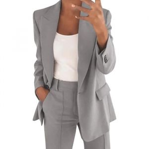 Blazer Femme Élégant à Manches Longues Slim Fit Un Bouton OL Bureau Affaires Décontracté Veste Chic De Costume Ouvert - Gris