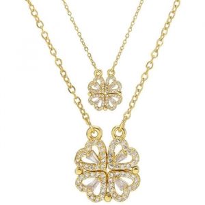 Collier - Tr&egrave;fle &agrave; 4 feuilles - Pendentif c&oelig;ur creux - R&eacute;tro - Magn&eacute;tique 2 en 1